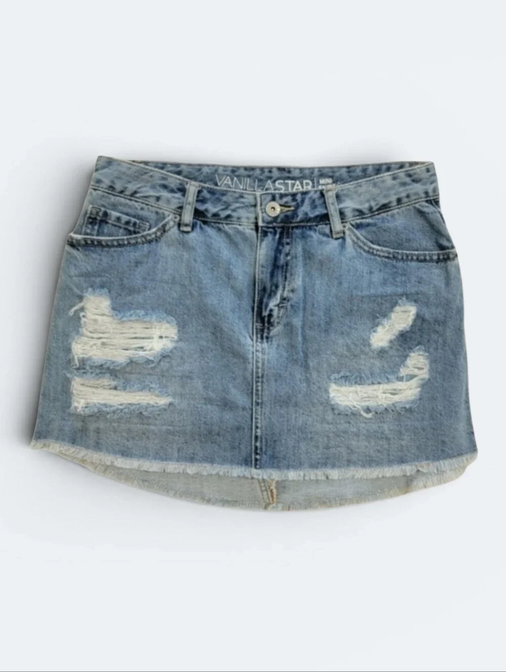 Vanilla Star Distressed Fringe High Low Hem Denim Mini Jeans Skirt Size 5